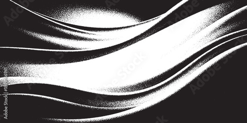 Dynamic black and white abstract background with flowing wavy lines and textured gradients.