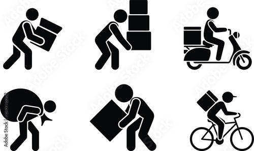 Pictograms illustrating different forms of manual delivery and package handling logistics