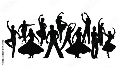 Silhouettes of dancing people in various poses on white background, ballroom dance, ballet, contemporary, modern dance, performance art, black silhouettes