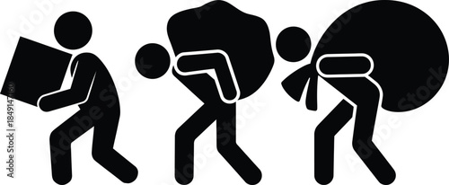 An illustration showing three stick figures carrying progressively heavier burdens and weights
