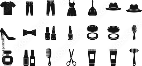 Vector black silhouette icon set of cosmetics beauty products grooming tools fashion apparel and makeup accessories for salon design