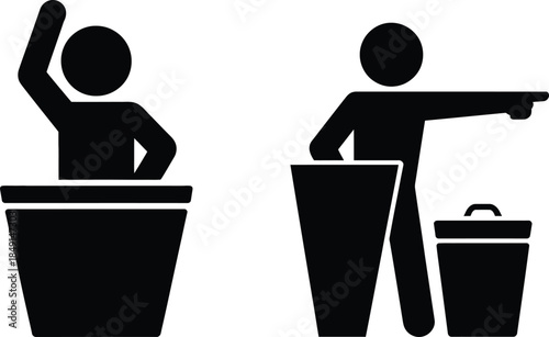 Recycling and proper waste disposal concepts depicted in black silhouette icons