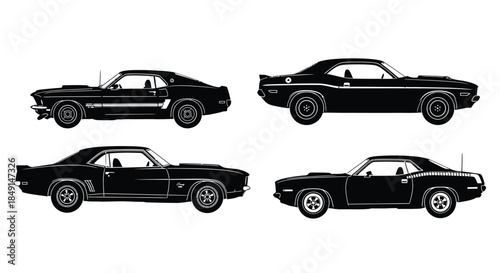 Classic american muscle car silhouettes a detailed black and white illustration