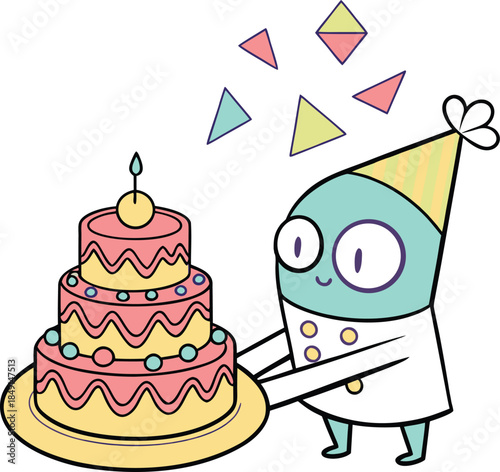 Happy cartoon character celebrating birthday with colorful cake