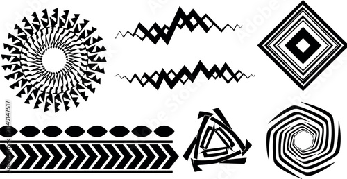 Black geometric spiral diamond wave abstract shapes set with tribal style vector art line elements and decorative patterns