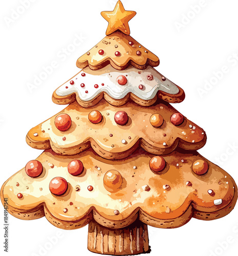 A whimsical illustrated Christmas tree made of layered gingerbread cookies, decorated with icing, colorful candy ornaments, and topped with a golden star