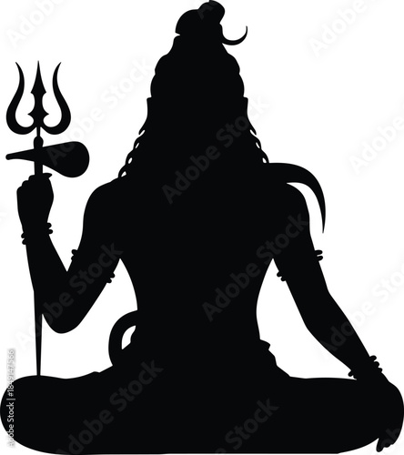 Silhouette illustration of hindu shiva holding trishula while seated in lotus position on transparent background vector