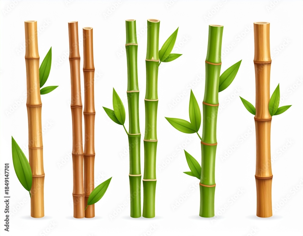 Fototapeta premium Bamboo green and brown decoration elements in realistic style.