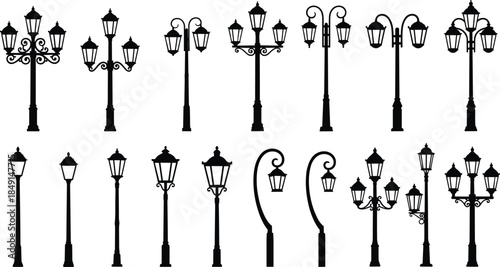 Vintage street lamp silhouettes and antique black park lantern post vector icons isolated on a clean white background collection