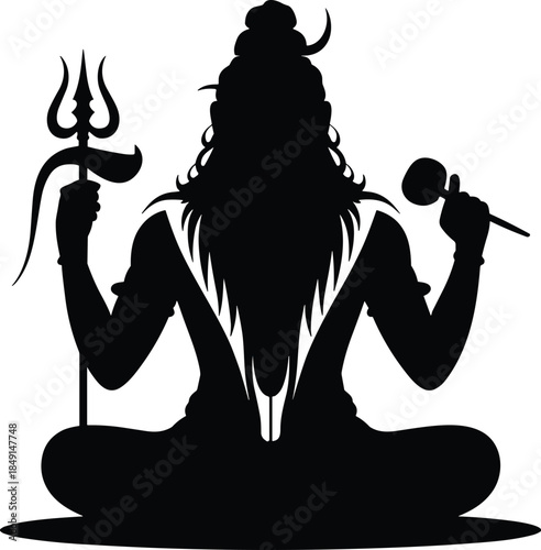 Silhouette of meditating shiva with trisula and damaru in his hand vector illustration at transparent background peace and meditation