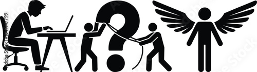 Vector illustration of a black horse silhouette and people in an abstract background featuring sports evolution with a woman dancing and a boy running like a basketball player