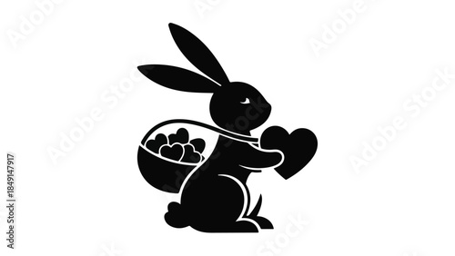 Adorable bunny holding heart with eggs in basket