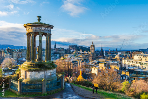 Panoramic city views of Edinburgh from Calton Hill. Scotland