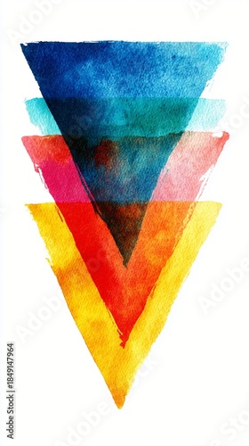 Colorful watercolor triangular shapes layered harmoniously, creating an eye-catching abstract design perfect for art enthusiasts and modern decor.