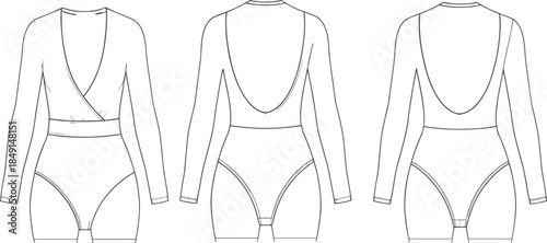 Long Sleeve Technical Flat Fashion Sketch of a Bodysuit with Crossover Wrap V-Neckline and Deep Scoop Back View.