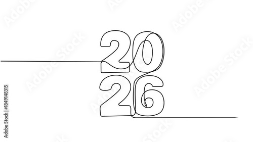 2026 year continuous line art clip self drawing animation on white black background. vertically single one line art outline illustration 2026 year numbers video.