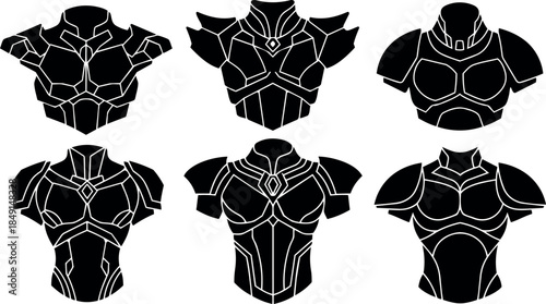 Futuristic cyber armor torso designs set with sharp angles and detailed plating isolated on white background