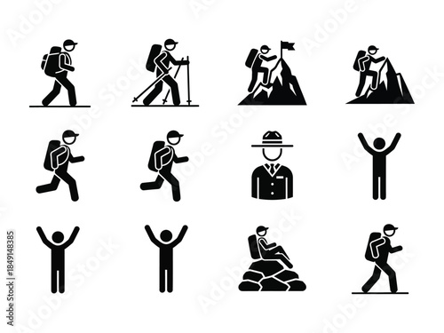 Black stick figures depicting hikers and climbers in various poses