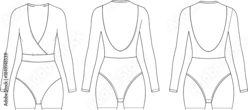 Long Sleeve Technical Flat Fashion Sketch of a Bodysuit with Crossover Wrap V-Neckline and Deep Scoop Back View.