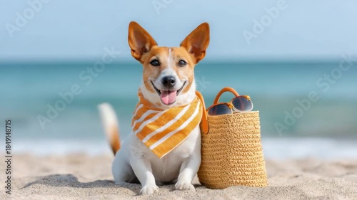 Happy dog with orange bandana sitting on beach sand next to beach bag and sunglasses under bright blue sky 4k video footage