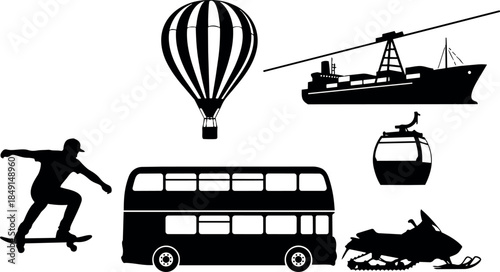 Black silhouette collection of hot air balloon ship cable car bus skateboard and snowmobile vector icons