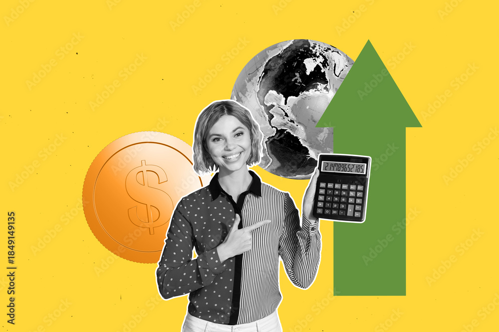 Obraz premium 3d banner image pop photo collage of excited businesswoman accountant hold calculator arrow progress earth coin dollar profit
