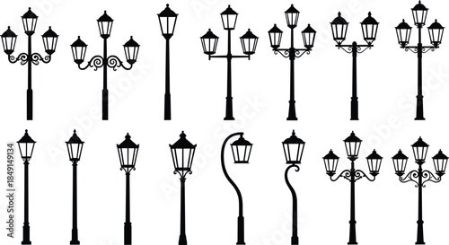 Decorative Set of Vintage Street Lamp and City Park Lamppost Silhouettes for Urban Lighting Design Vector Illustration