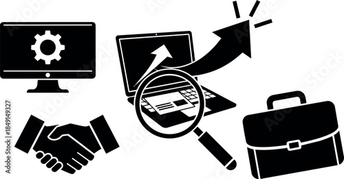 Black and white business icons showing handshake magnifying laptop arrow briefcase computer screen settings gear