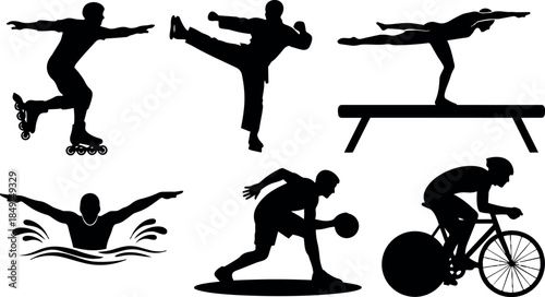 Silhouettes of diverse athletes performing different sports including skating, martial arts, shooting, swimming, basketball, and cycling vector set