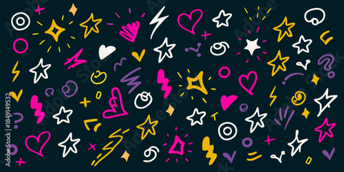 Colorful doodles and whimsical shapes on a dark background