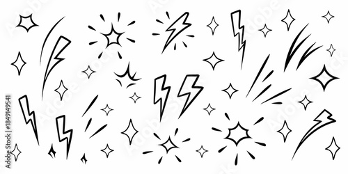 Black and white sketch featuring stars sparkles and lightning bolt designs