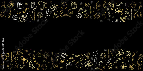 Festive golden doodles and sketches adorn a black background creating a celebratory border