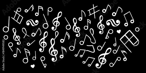 A scattering of white musical notes and symbols against a black background