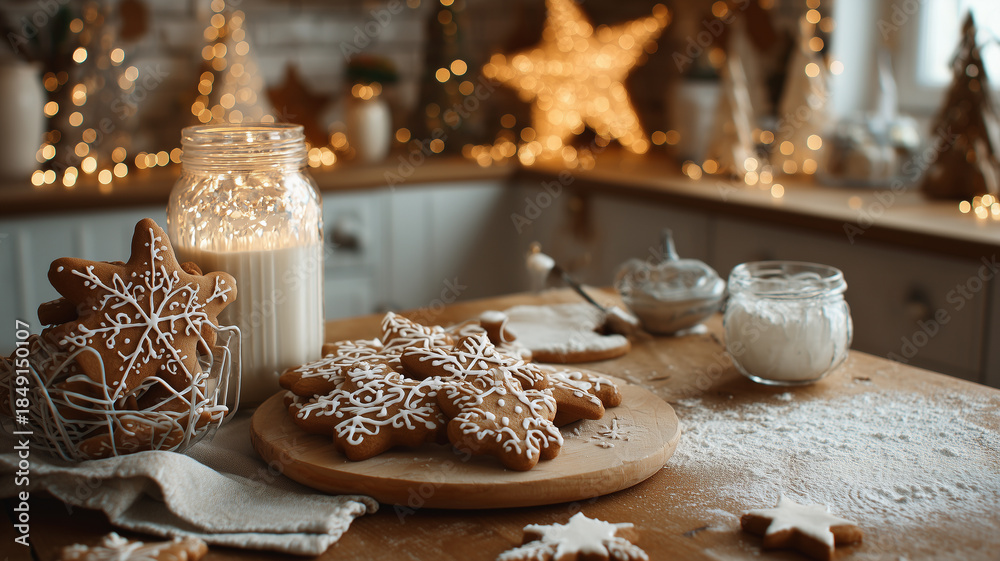 Fototapeta premium Cozy kitchen scene with gingerbread cookies being decorated, flour and icing on the counter, festive vibes