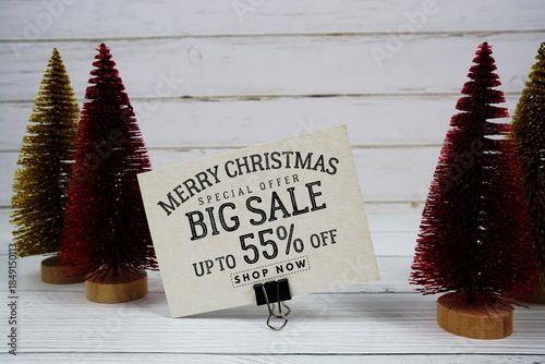 Festive display with small decorative Christmas trees with "Special Offer Merry Christmas Big Sale up to 55% off, Promotion Holiday Sale Event