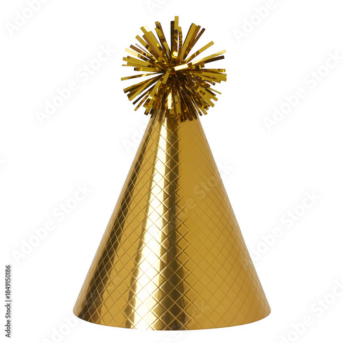 Gold party hat with diamond pattern and tassel shiny isolated on a transparent background