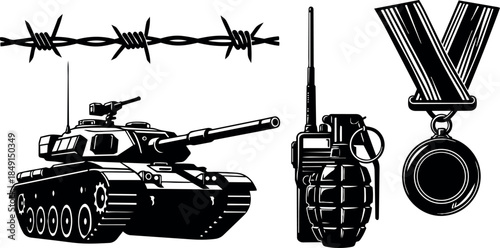Black and white vector art of military tank, hand grenade, and medal isolated on white background detailed silhouette style
