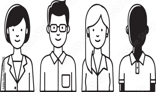 Four people in white lab coats and glasses standing in a row vector illustration EPS file download.
