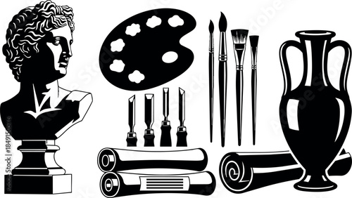 Black silhouette classical bust sculpture paint palette and brushes ancient vase and rolled scrolls vector art set