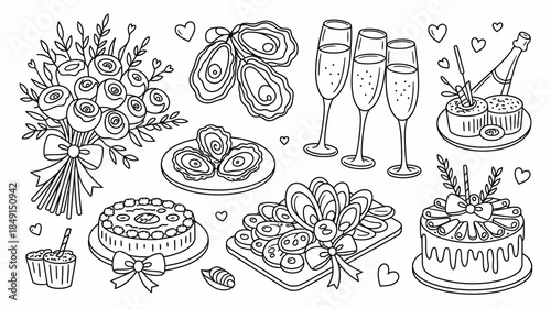 Wedding Celebration Illustrations with Cakes, Flowers, and Champagne