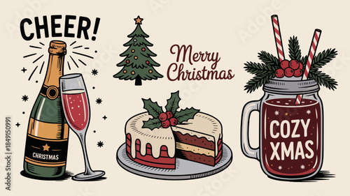 Festive Christmas Illustration with Wine, Cake, and Mulled Wine
