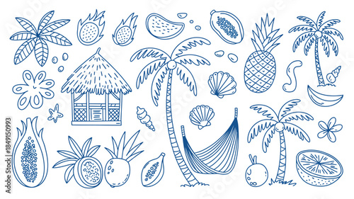 Tropical Illustration with Palm Trees, Fruits, and Beach Elements