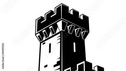 Stylized black and white illustration of a medieval castle tower with battlements and narrow windows