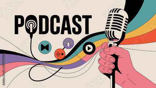 Hand Holding Microphone with Podcast Icons and Colorful Waves