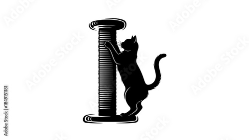 Stylized black silhouette of a cat playing with a tall scratching post on a plain white background