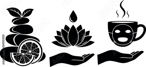 Black silhouette spa icons including stacked stones with sliced citrus hand offering lotus flower and steaming tea cup in vector art style
