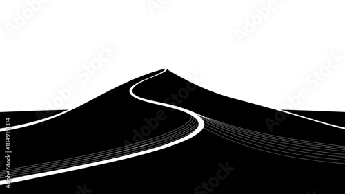 Minimalist black and white illustration of a winding mountain road with a prominent peak and clear