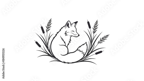 Elegant black and white fox surrounded by tall grass and cattails in minimalistic line art