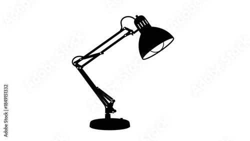 Minimalist black and white silhouette of an adjustable desk lamp on a plain background