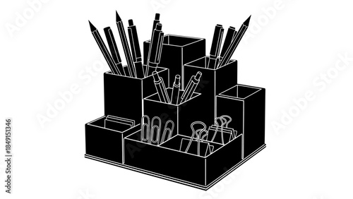 Minimalist black and white illustration of desk organizer with stationery items for office use